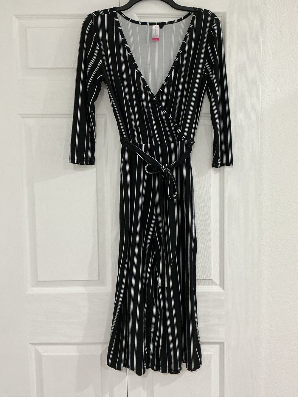 No Boundaries Black and White Striped Wrap Jumpsuit